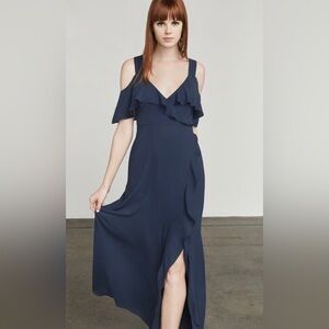NWT! BCBG Maxazria Charley Ruffle Front Slit Navy Dress